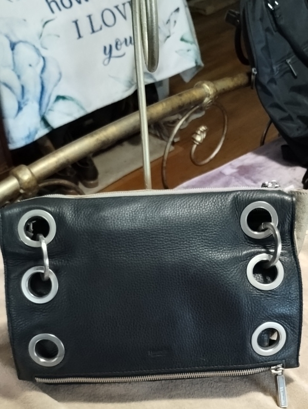 Hammitt Black Leather Grommet Crossbody Bag